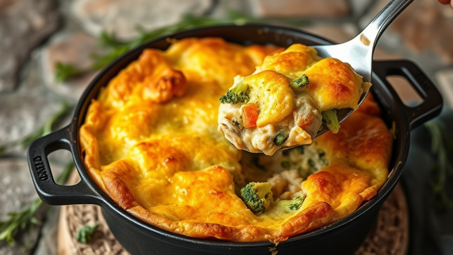 Golden cheddar broccoli chicken pot pie with a crispy crust in skillet.