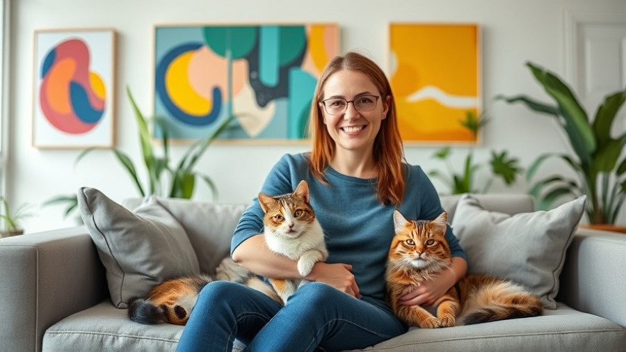 Woman managing cat allergies in cozy living room with art.