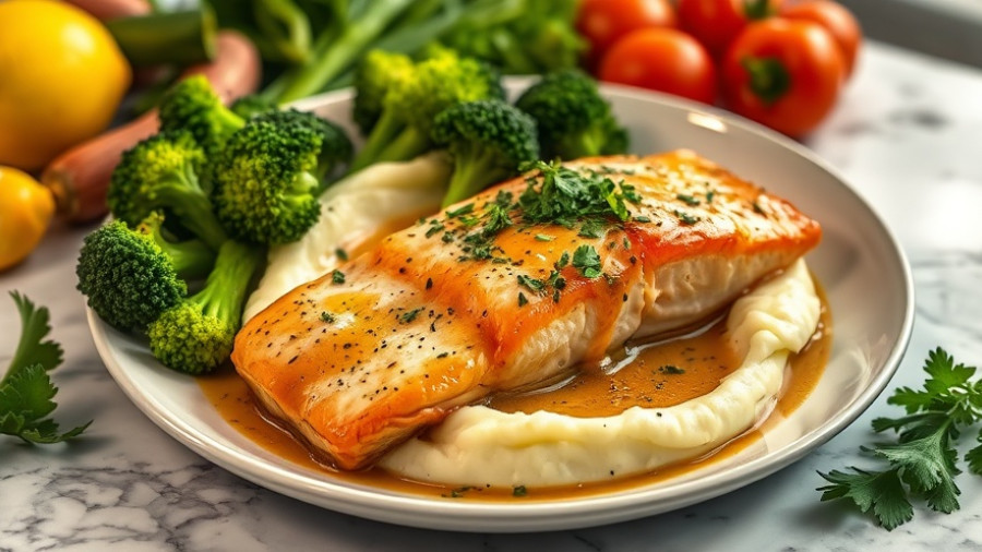 Maple mustard salmon meal with potatoes and broccoli in black tray.