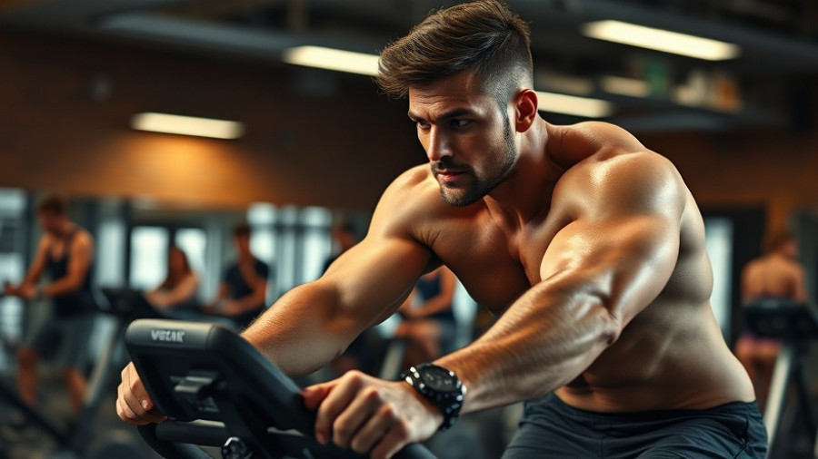 Man exercises on stationary bike in gym for VO2 max calculator measurement.