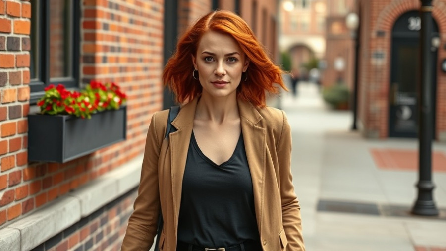 Woman walking briskly for heart health against brick wall