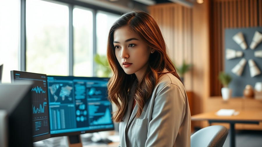 Young woman in modern office studying AI data, Ohio colleges preparing students for AI.