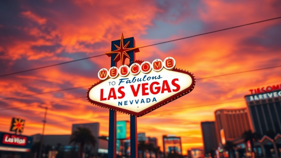 Iconic Las Vegas sign glowing during sunset for 2025 Mr. Olympia Insights.