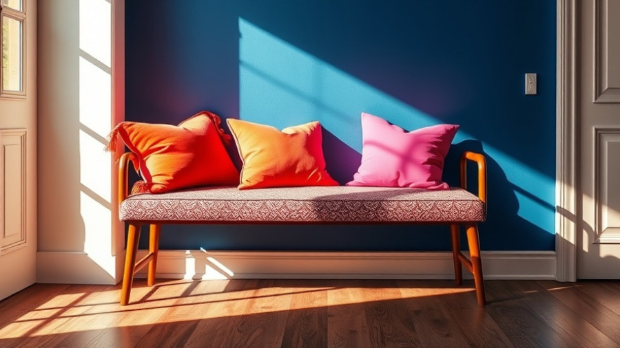 Vibrant cushions on patterned bench for choosing the right fabric for home decor.