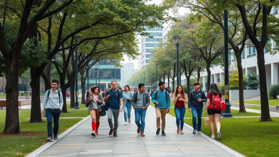 University campus scene with diverse students walking and scooting.