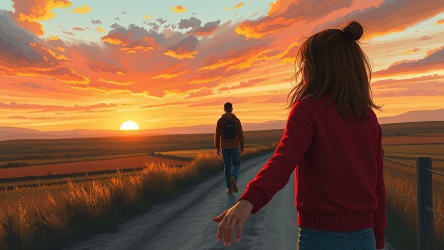 Illustration of one-sided friendships with a sunset backdrop.