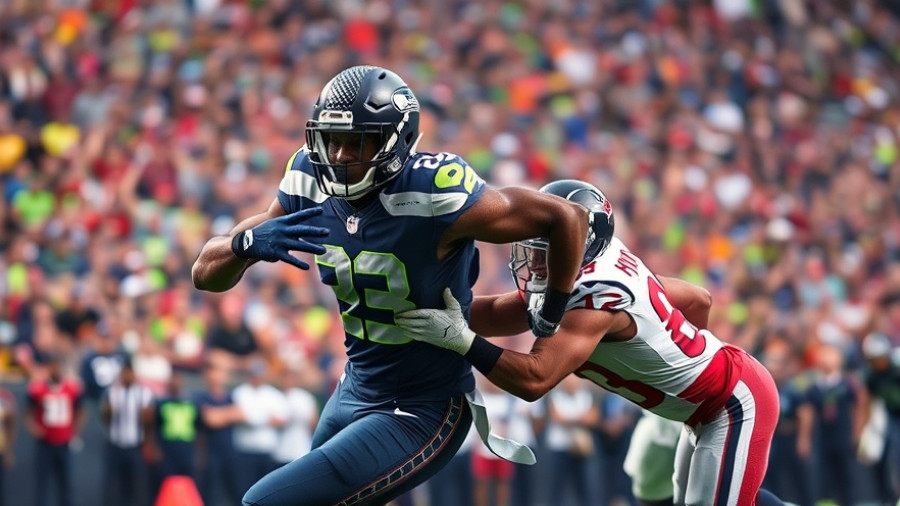 Seahawks player evades Texans tackle in dynamic game shot.