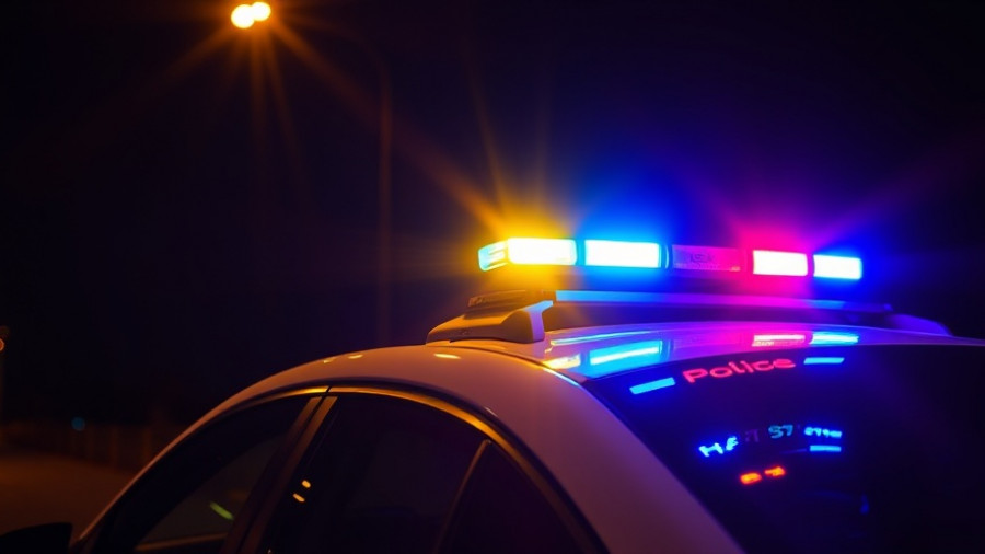 Vivid police car's flashing lights on a dark night, indicative of a stolen vehicle pursuit fatal accident.