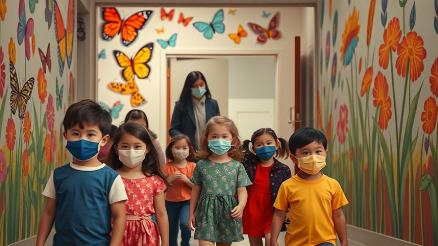 Masked children guided by teacher at school entrance, colorful mural backdrop.