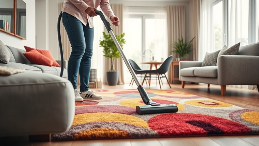 Dyson vacuum deals: person cleaning a colorful rug in a modern living room.