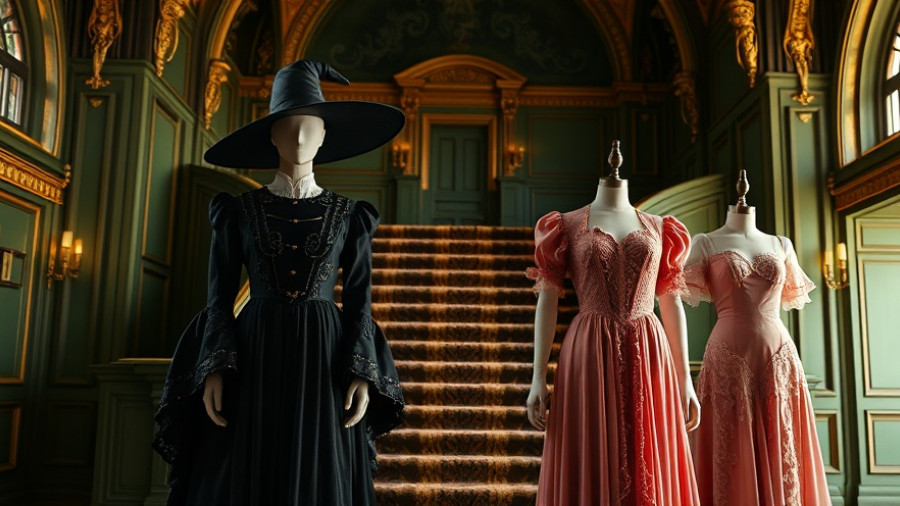 Oscar-winning Wicked costumes, enchanting wizard attire display.