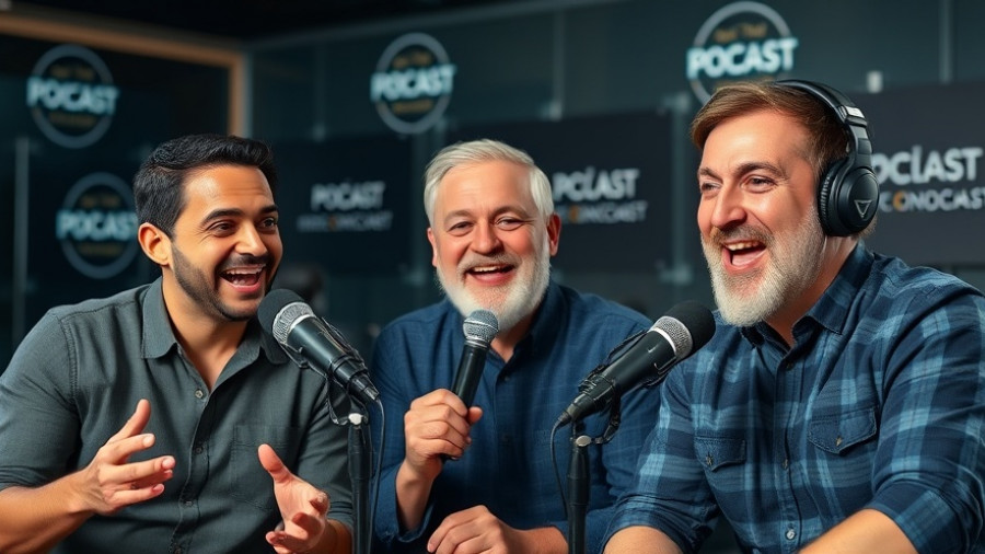 Three men hosting a bodybuilding podcast in 2025.