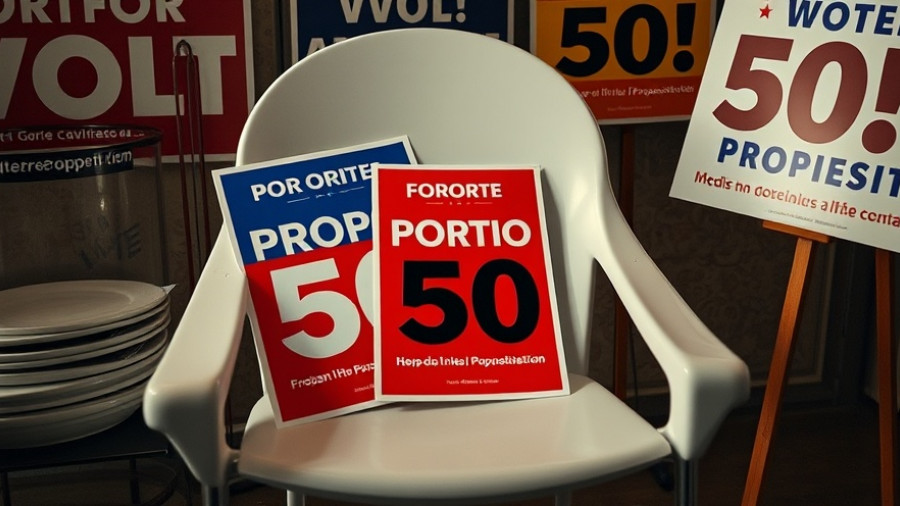 Proposition 50 campaign posters on chair amid political signs.