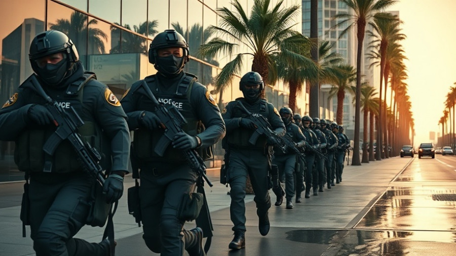 Tactical officers marching in California near a modern building.