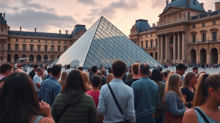 Crowd at Louvre Pyramid entrance before Crown Jewels Heist.