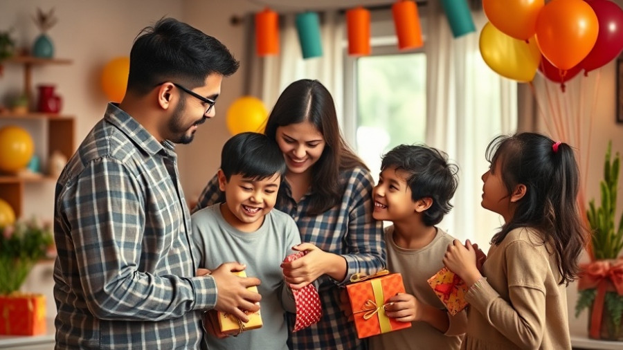 Family embracing at Los Angeles celebration with gifts and balloons.