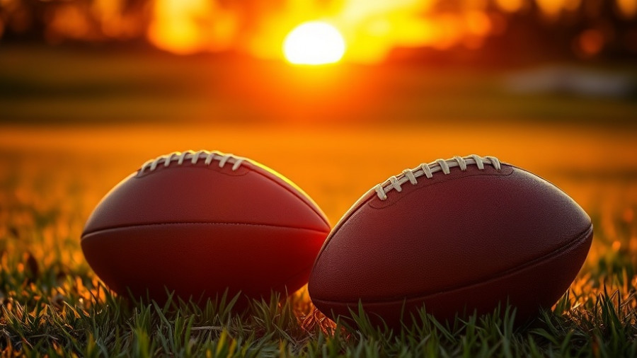 Footballs on field at sunset, capturing Akron High School Football Scores spirit.