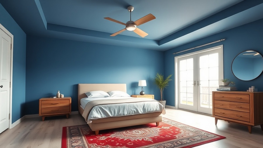 Modern Fresno bedroom design 2025 with blue walls and red rug.