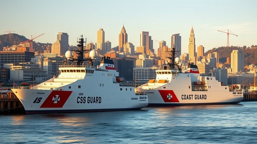 Coast Guard ships docked in San Francisco with city view.