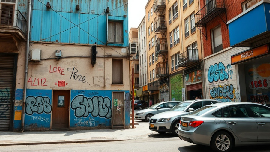 San Jose housing project street view with graffiti-covered building.