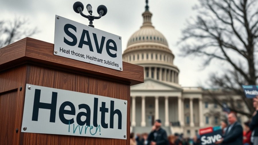 Podium with 'Save Healthcare' sign in front of Capitol.