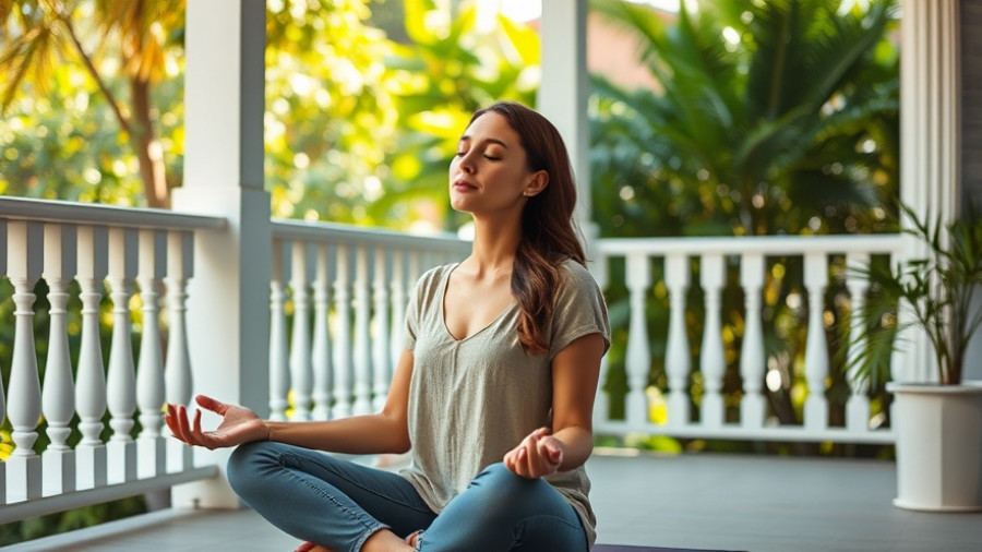Woman practicing breathwork on a tranquil San Diego patio.