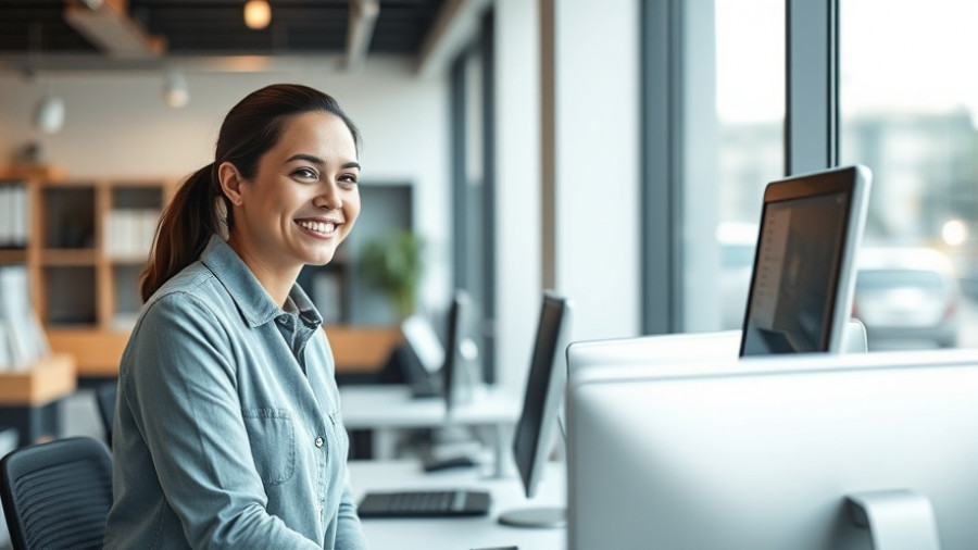 Office worker assisting customer through window in modern office environment.