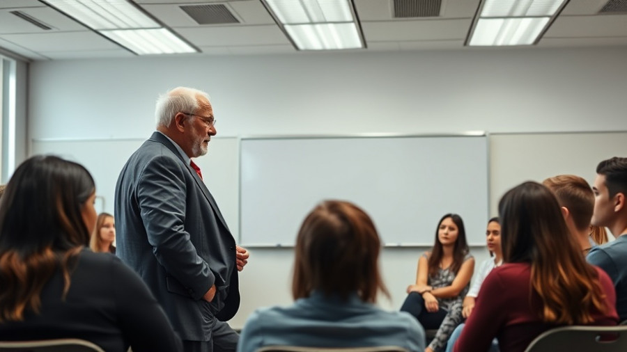 Jim Tressel visiting UA classroom engaging with students.