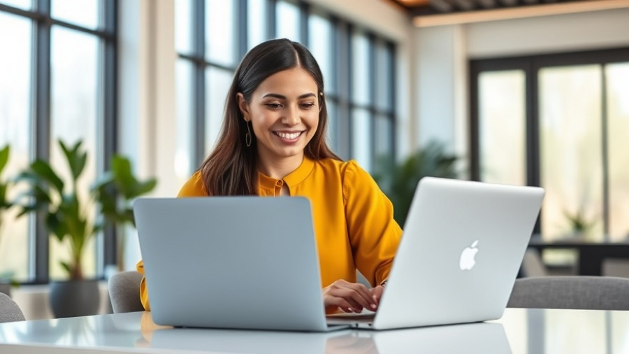 Happy woman in yellow blouse working on laptop, bright modern office.