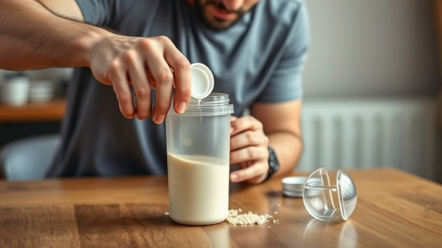 Man pouring protein powder into shaker; health concerns.