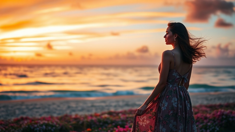 Woman on beach embracing vulnerability as sun sets.