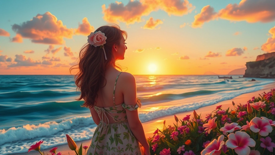 Serene woman enjoys sunset by ocean, promoting health and wellness.