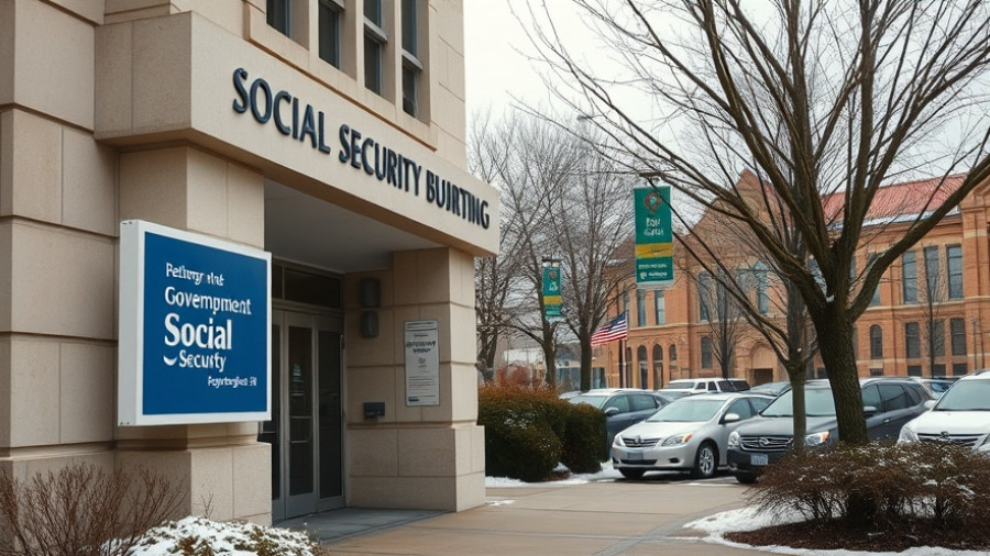 Social Security Administration building exterior, sign visible, winter setting.