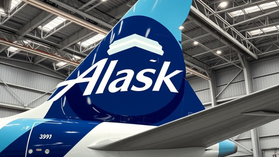 Alaska Airlines airplane tail with logo in hangar