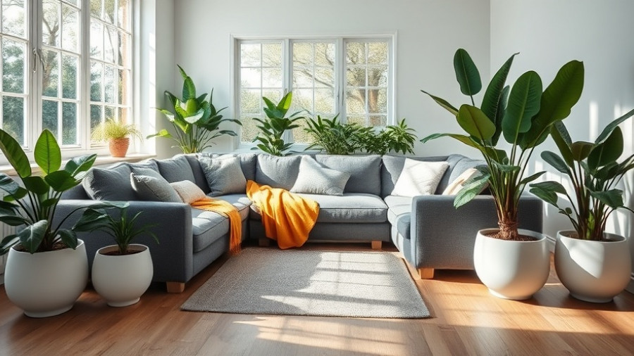 Modern living room with sofa, plants, and natural lighting, lid organizer for blanket storage nearby.