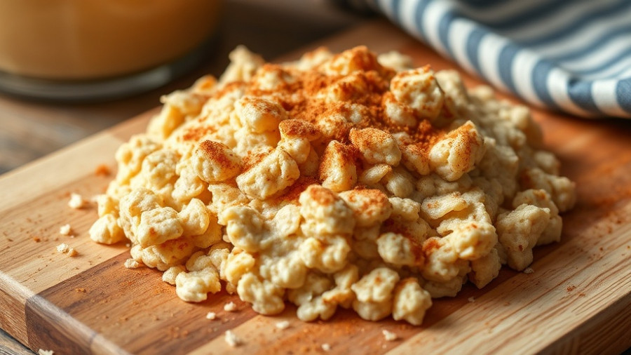 Snickerdoodle oatmeal in a bowl with cinnamon topping on wooden board.
