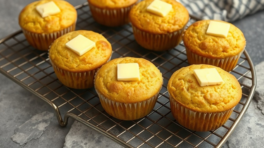 Gluten-free cornbread muffins with butter on cooling rack.