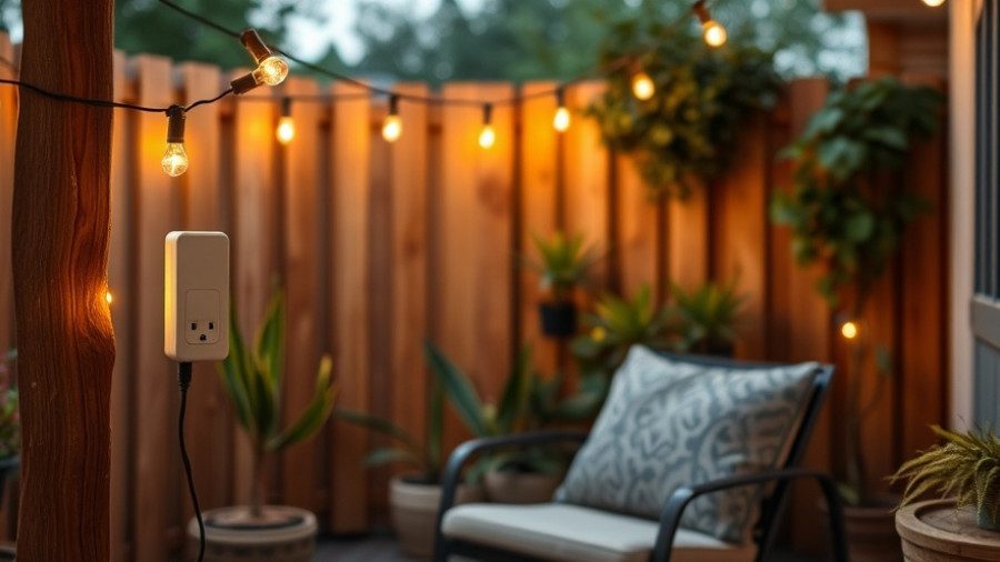 Outdoor smart plug setup on a cozy patio with lights and plants.