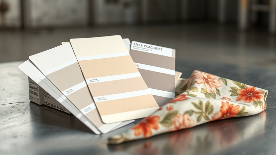 Neutral paint swatches and floral fabric for bedroom design trends in Fresno.