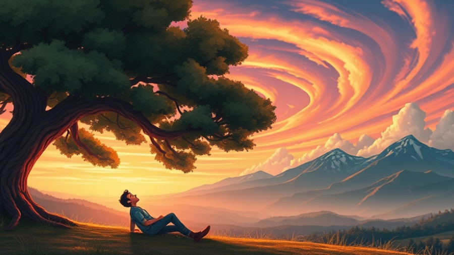 Serene contemplation for slowing down for a better life under a tree at sunset.