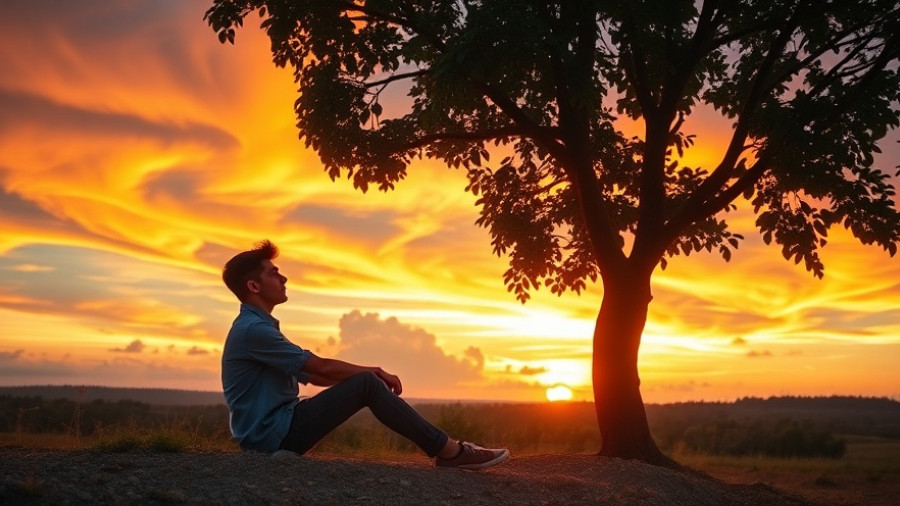 Peaceful scene of a man under a tree during a vibrant sunset, embodying the concept of slowing down and living intentionally.