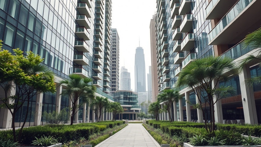 Manhattan condo buildings with urban garden pathway