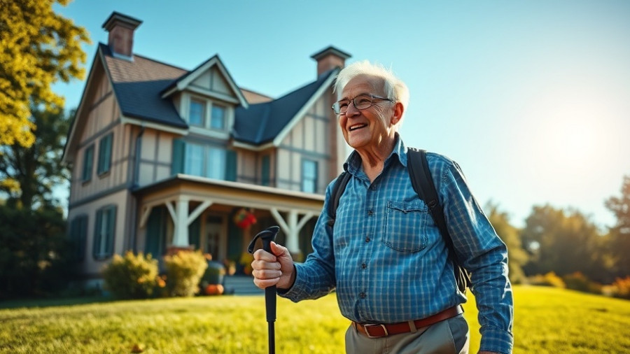 Older man enjoying walking for mental health near historic house