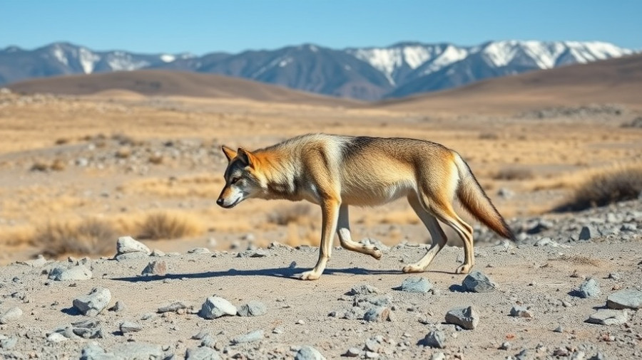 California gray wolf stepping from box in mountainous landscape.
