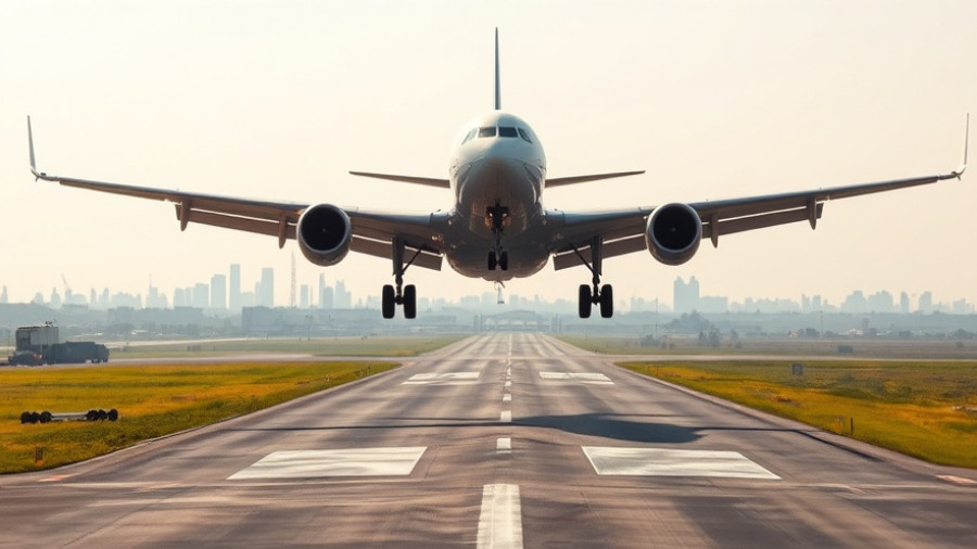 Airplane descending at Sky Harbour Long Beach Airport under a hazy sky.