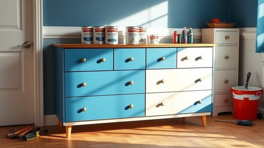 Dresser paint color options in a modern room with blue walls.