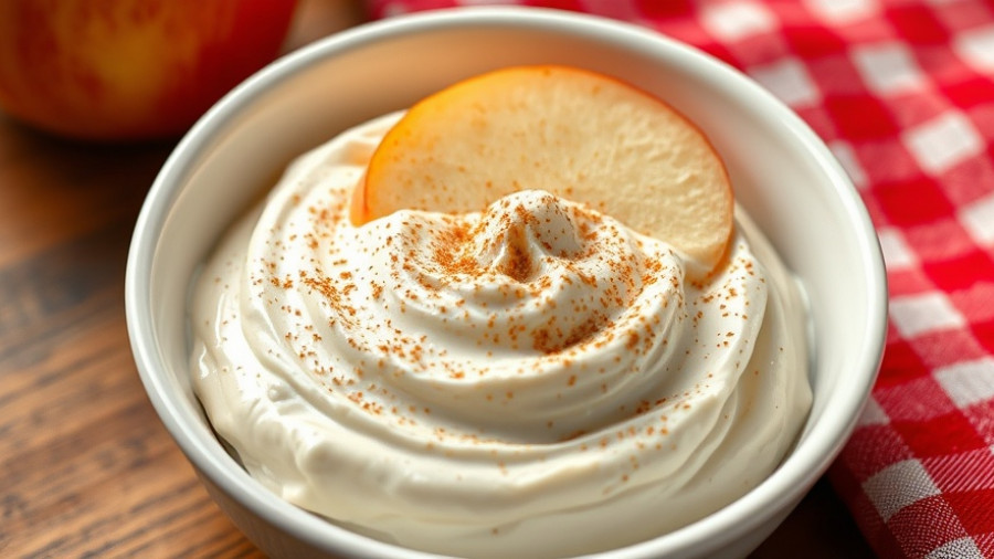 Creamy yogurt fruit dip with cinnamon and apple slice.