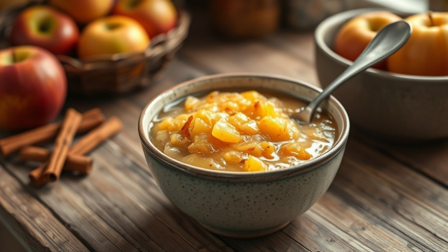 Homemade slow cooker applesauce in a ceramic bowl with spoon.