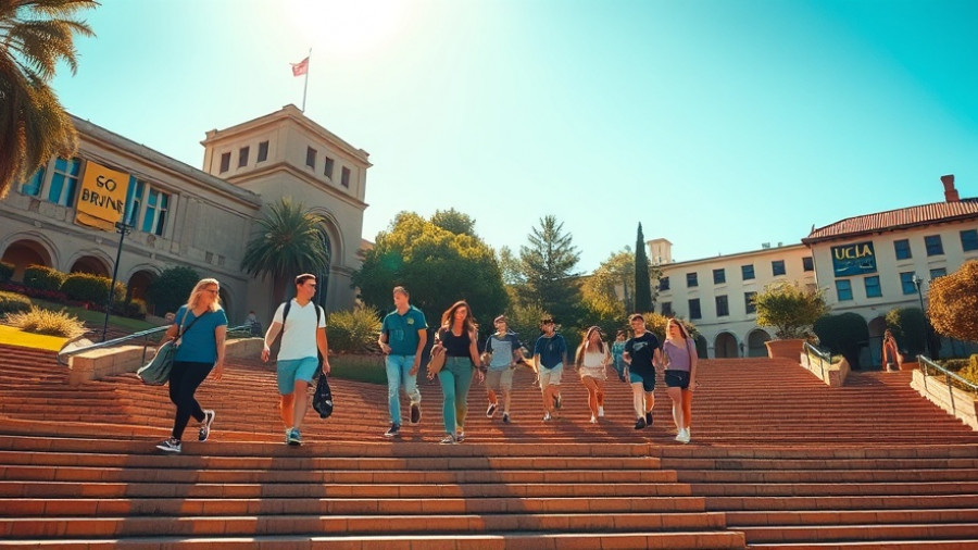 UCLA campus with students and 'Go Bruins' banners in sunny setting.