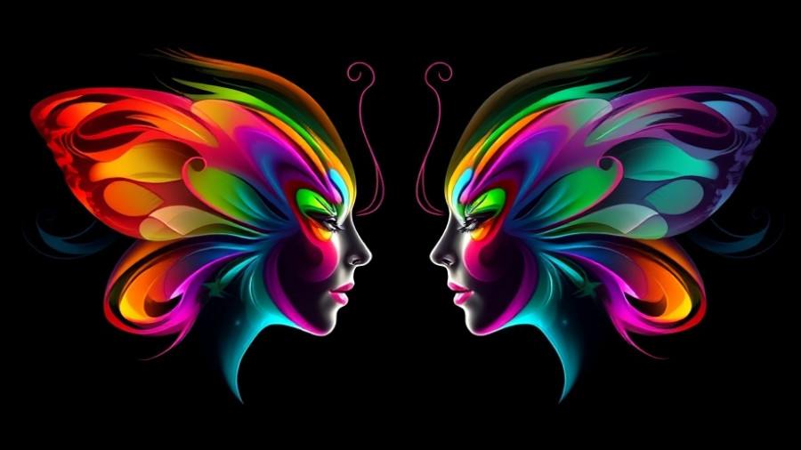 Abstract butterfly faces depicting emotional projection in colorful swirls.